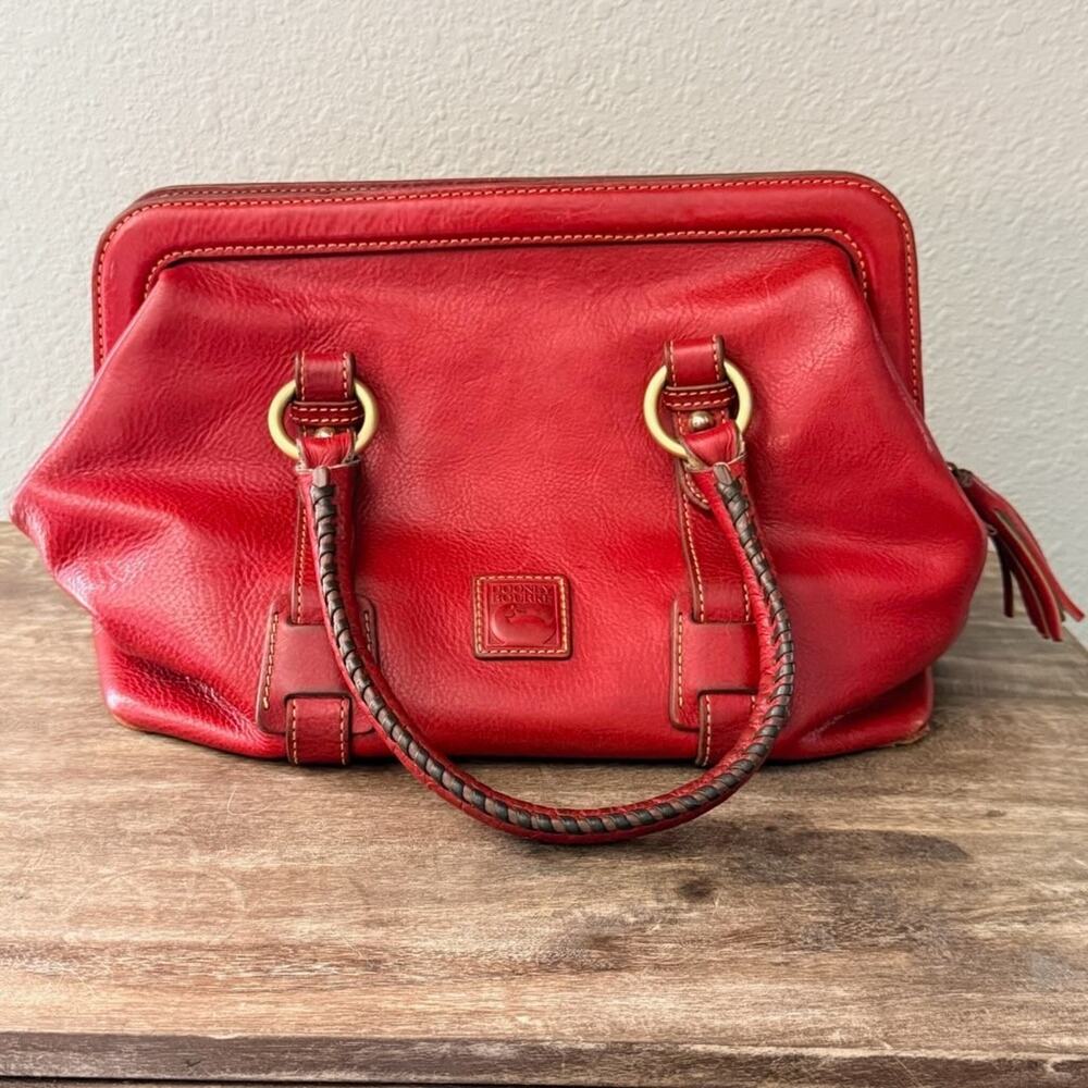 Dooney & Bourke Red Leather Satchel Frame Bag Braided Handles Zip Top Tassel